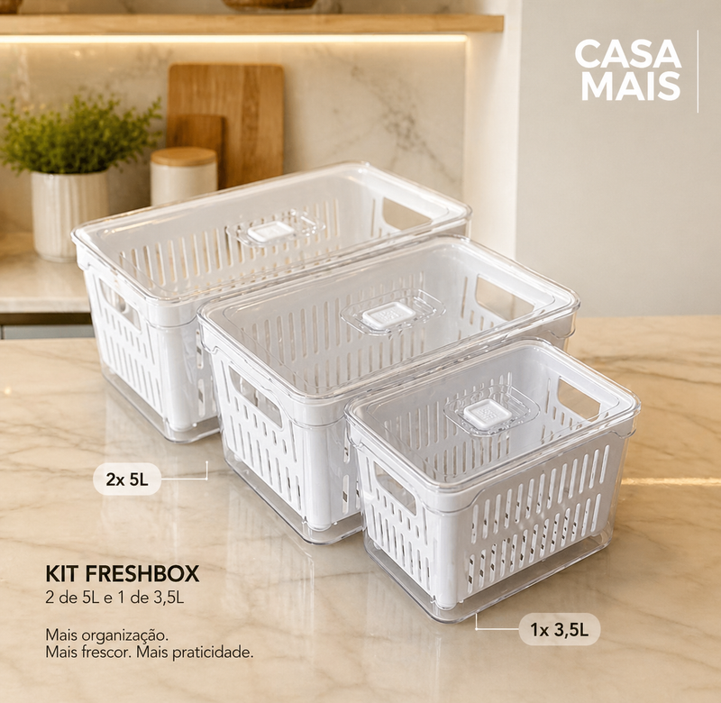Fresh Box™ | Kit Organizadores de Geladeira com Vedação e Drenagem – 2x 5L + 1x 3,5L