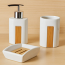 JOGO PARA BANHEIRO CERÂMICA E BAMBU 3 PEÇAS SABONETEIRA ESCOVAS DISPENSER LAVABO