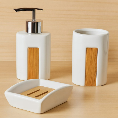 JOGO PARA BANHEIRO CERÂMICA E BAMBU 3 PEÇAS SABONETEIRA ESCOVAS DISPENSER LAVABO