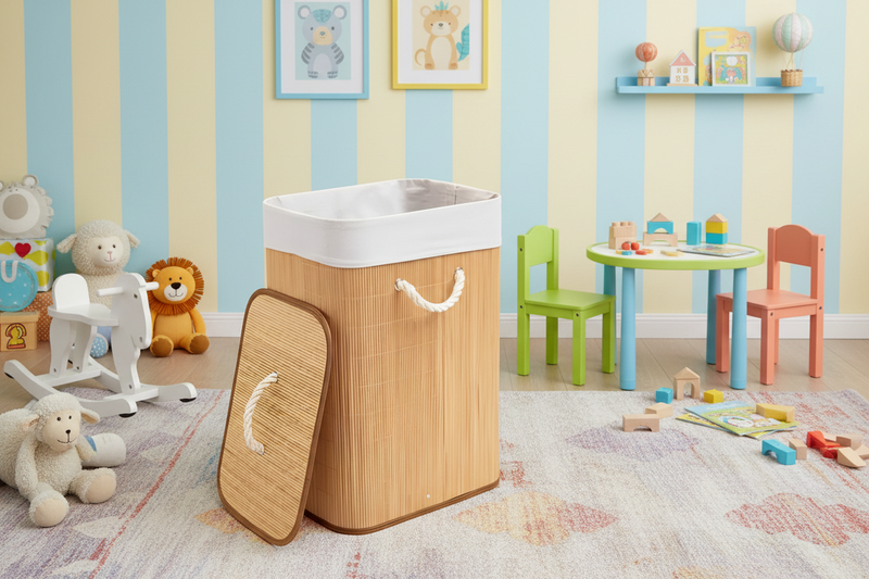 Cesto Roupa Bambu Retangular Redondo Com Tampa Cesto Oraganizador Roupa Suja Alças Banheiro Bege 72 LITROS