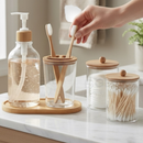 Conjunto Banheiro Lavabo 5 Peças Bambu Porta-Objetos, Dispenser, Escova e Bandeja