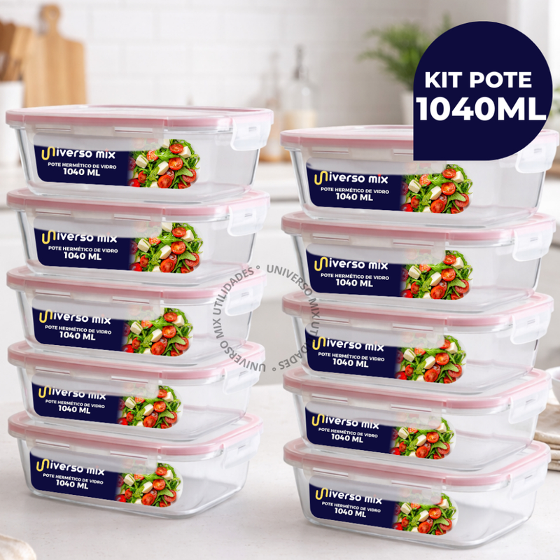 Kit 10 Potes Vidro Hermético Retangular 4 Travas Marmita Premium - 370 ml