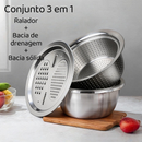 Conjunto 3 em 1 Inox Ralador com Tigelas | Escorredor + Bacia + Fatiador Multifuncional