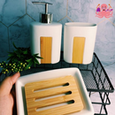 JOGO PARA BANHEIRO CERÂMICA E BAMBU 3 PEÇAS SABONETEIRA ESCOVAS DISPENSER LAVABO