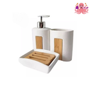 JOGO PARA BANHEIRO CERÂMICA E BAMBU 3 PEÇAS SABONETEIRA ESCOVAS DISPENSER LAVABO