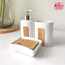 JOGO PARA BANHEIRO CERÂMICA E BAMBU 3 PEÇAS SABONETEIRA ESCOVAS DISPENSER LAVABO