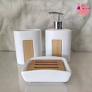 JOGO PARA BANHEIRO CERÂMICA E BAMBU 3 PEÇAS SABONETEIRA ESCOVAS DISPENSER LAVABO